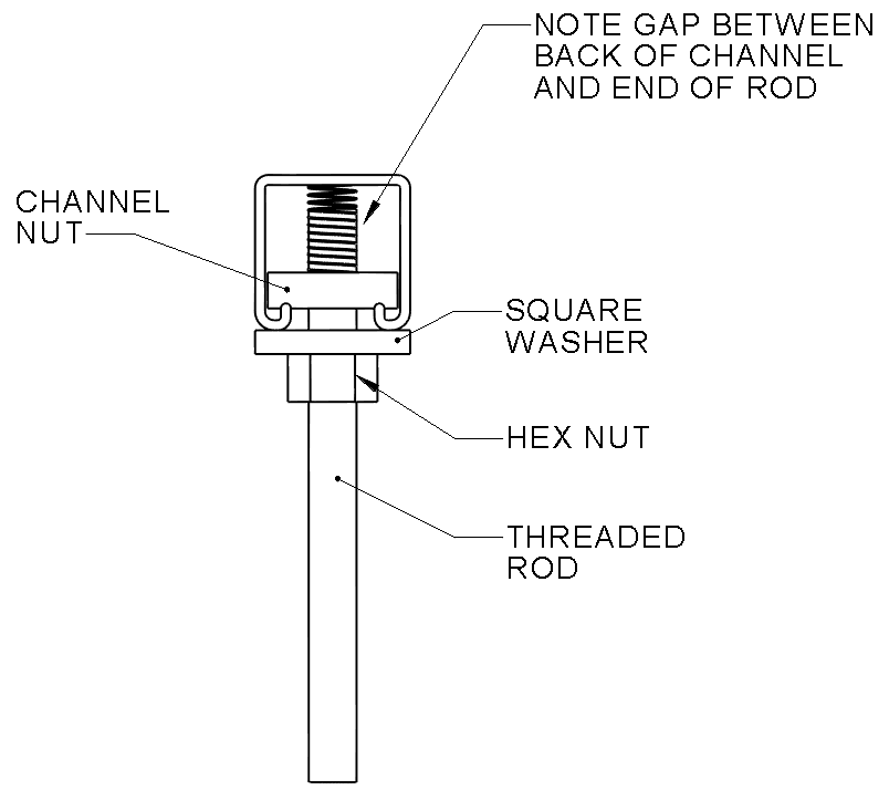 Fixed connection of threaded rod to Unistrut channel: Drawing