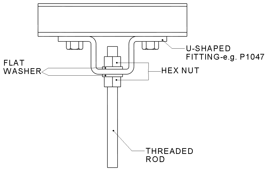 Hanging connection of threaded rod to Unistrut channel: Drawing