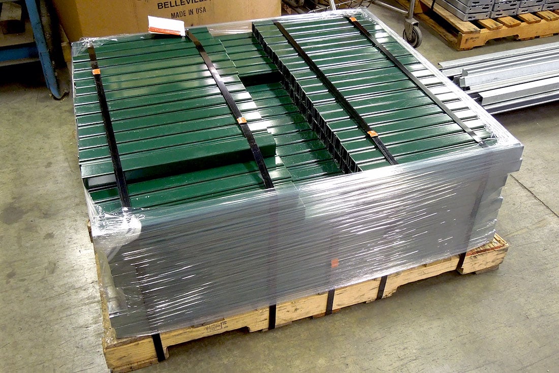 Custom cut lengths of Unistrut channel bundled, banded, shrink wrapped and palletized for your convenience