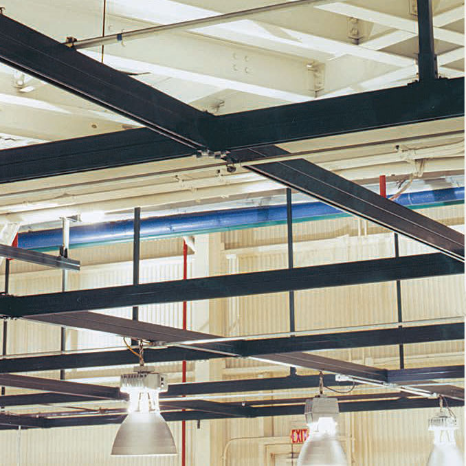 Unistrut Ceiling Support Grids: Ceiling Grid Drops for this grid are fabricated from threaded rod suspended from Unistrut channel, which is attached to the roof structure with Unistrut beam clamps